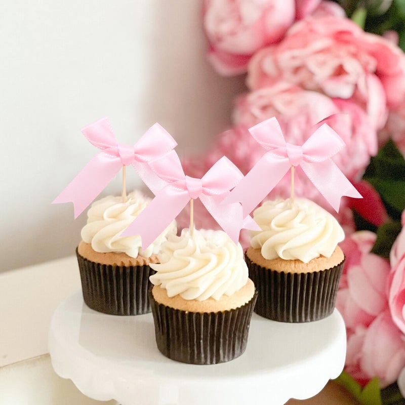 Rweseo Pink Bow Cupcake Toppers - Pink Bow Cake Topper Pink Bow Birthday Decorations Coquette Themed Party Decoration Bridal Shower Bachelorette Cake Toppers - Image 3